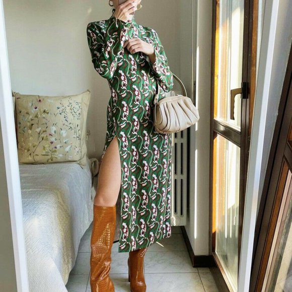 ZARA NWT Front Slit Printed Midi Dress Green - Picture 4 of 14